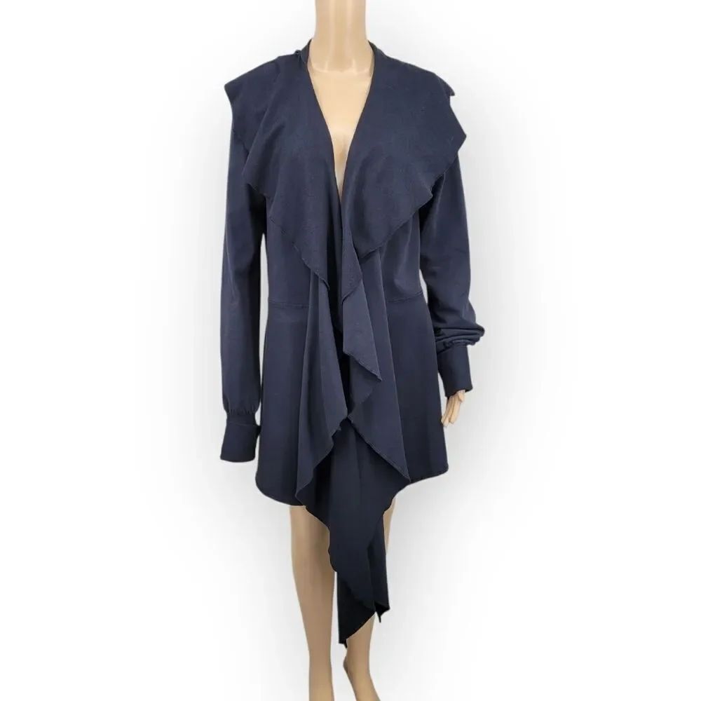 Testimony Los Angeles Black French Terry Duster Jacket Cascading Ruffles Front